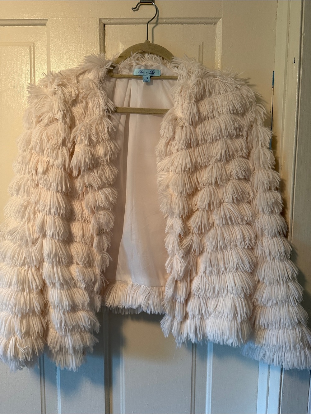 She + Sky Cream Fringe Faux Fur Jacket